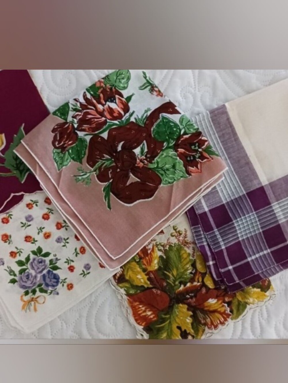 5pc Handkerchief Vintage Bundle - Maroon Fall Floral Multicolor